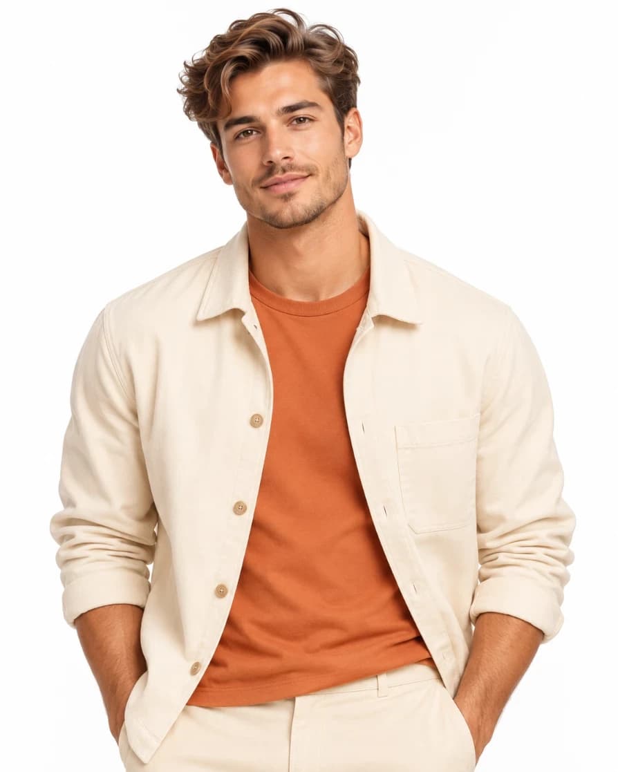 Attached source photo of a model for a 1985-styled ad shoot