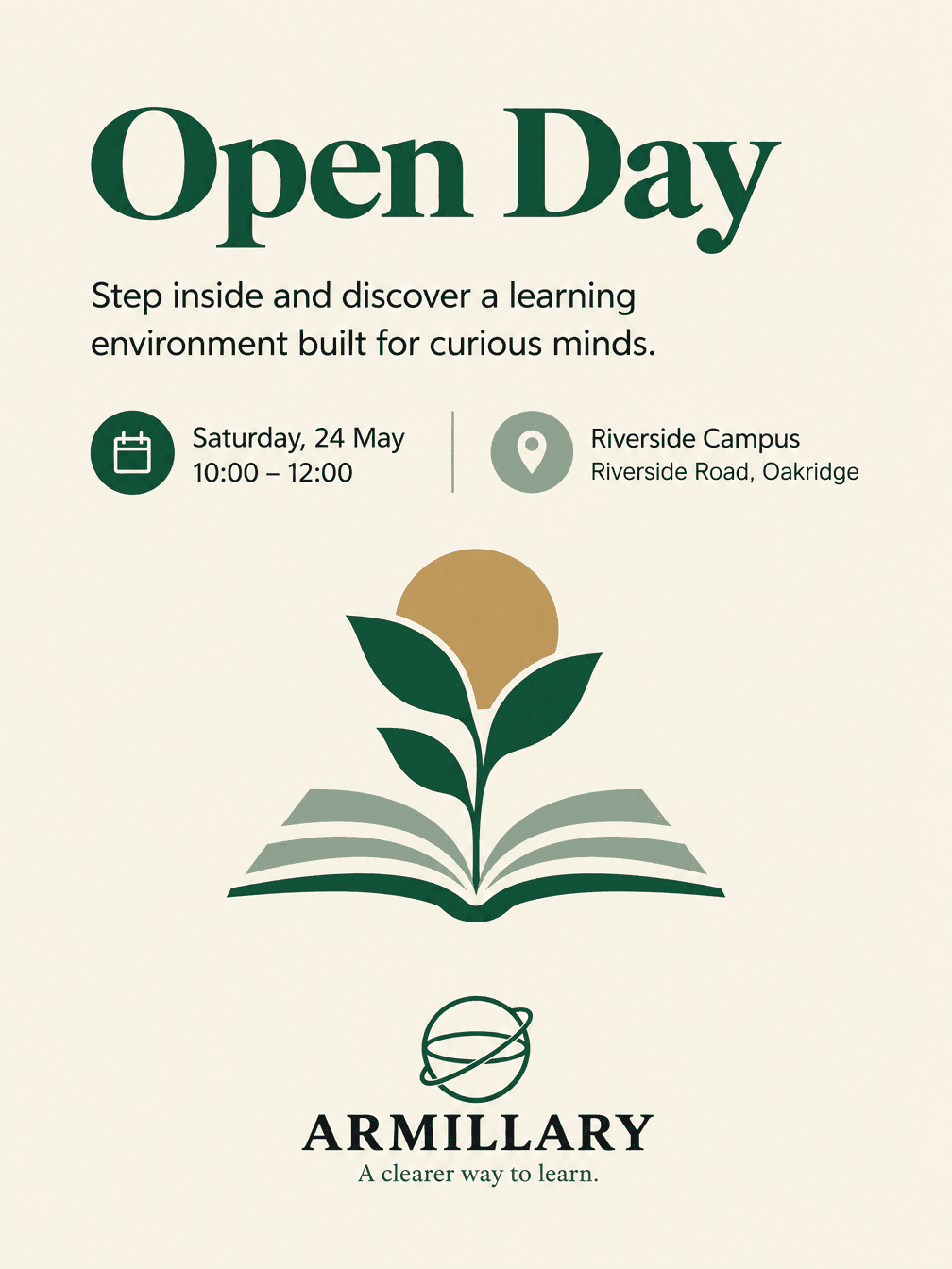 A printed open-day poster with a headline, body copy and event details