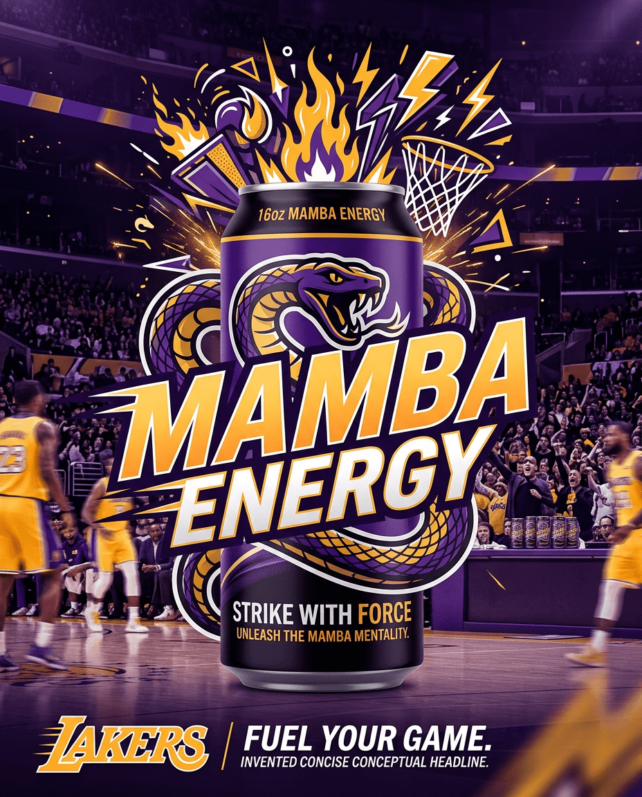 Create a fictional performance Mamba Energy drink. add snake motif, athletic lettering and explosive doodle language.