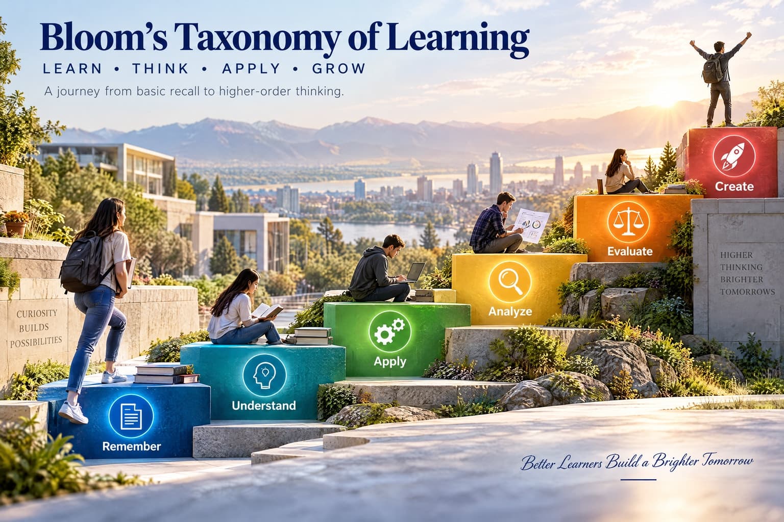 An educational poster showing Bloom's taxonomy as learners climbing coloured steps from Remember up to Create