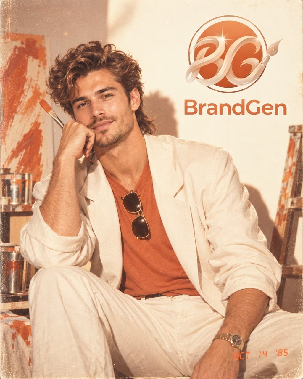 A 1985-style campaign photograph with period styling, film grain and a date stamp