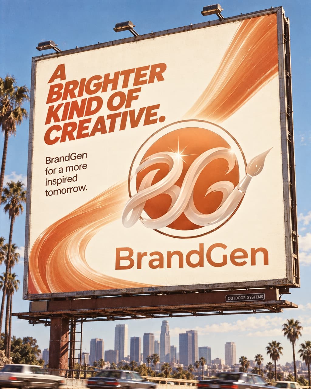 A roadside billboard in 1985 print styling carrying a brand logo and headline above a city skyline