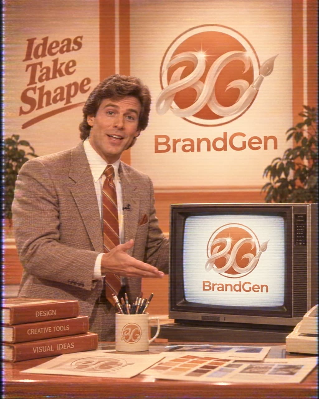A 1985 television infomercial still with a presenter beside a period TV set showing the brand logo