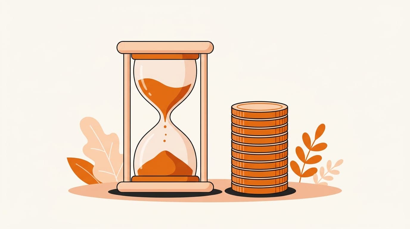 A flat illustration of an orange and peach hourglass with sand running, standing next to a neat stack of orange coins on a cream background.