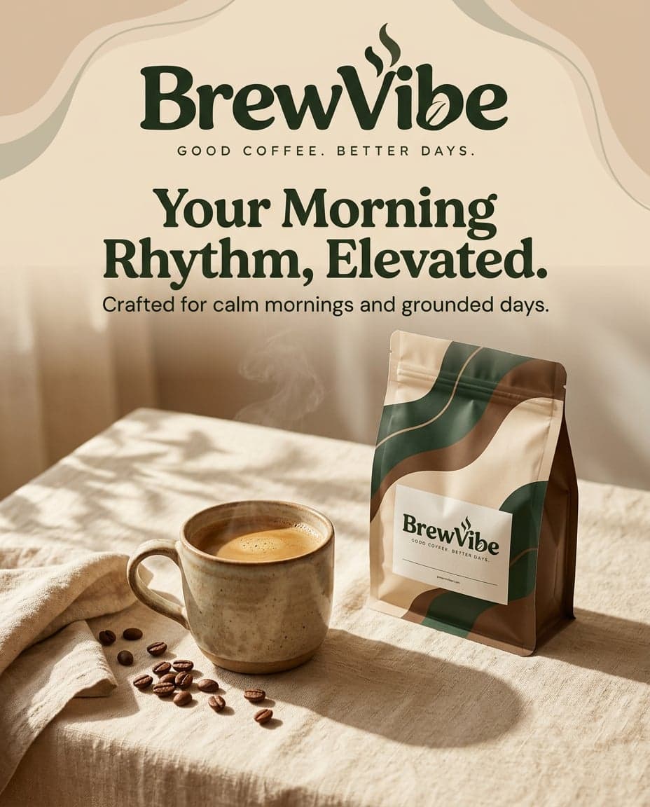 Instagram ad with the BrewVibe logo and the headline Your Morning Rhythm, Elevated, above a steaming ceramic mug of coffee, scattered beans and a green and brown BrewVibe coffee bag on a linen-covered table.