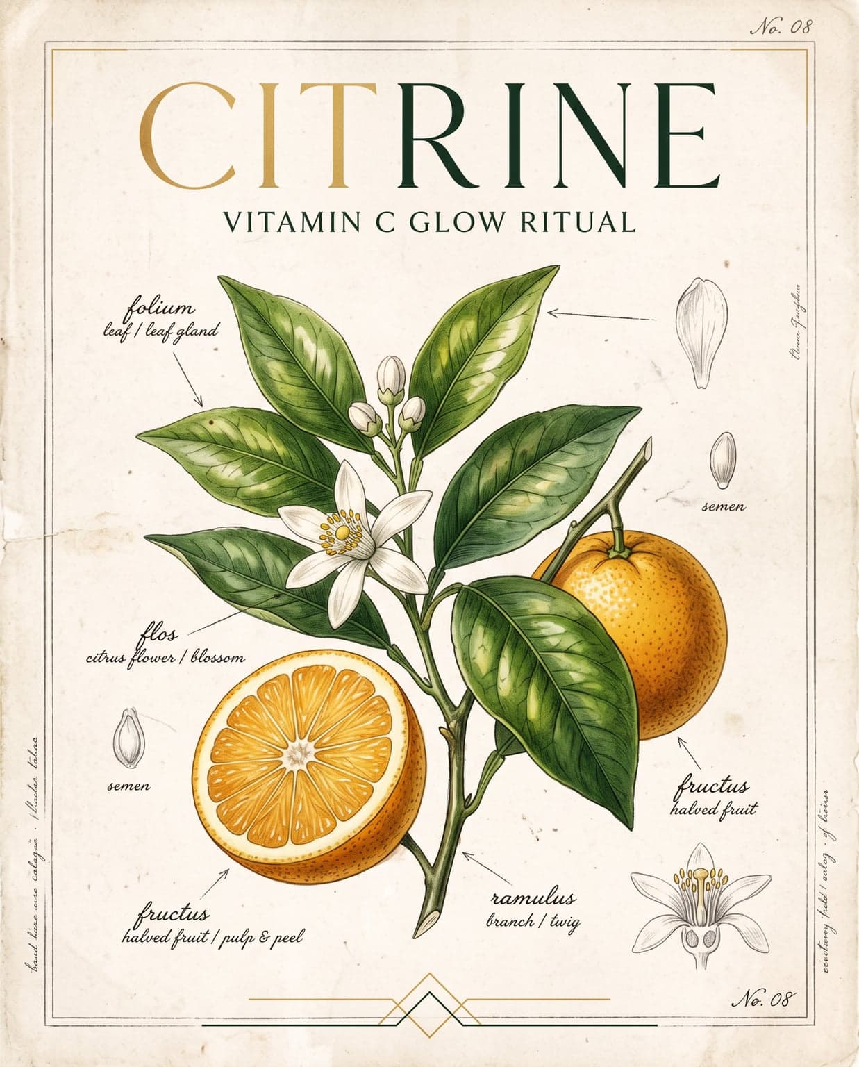 A vintage-style botanical page with the Citrine wordmark at the top and a drawn orange branch with leaves, a white flower and a halved orange, each with a handwritten label.