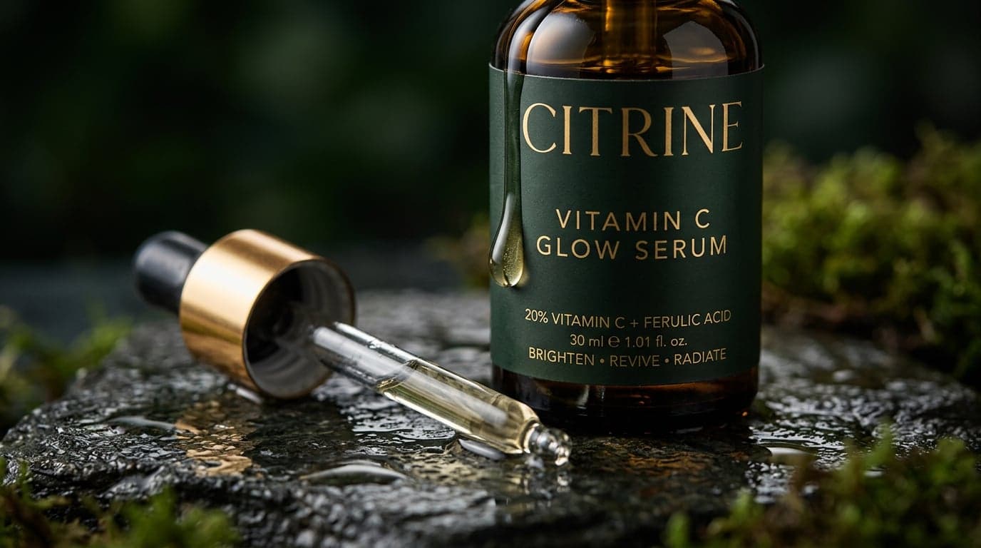 A close-up of a Citrine vitamin C glow serum bottle standing on wet dark stone, with its gold-topped dropper lying beside it.