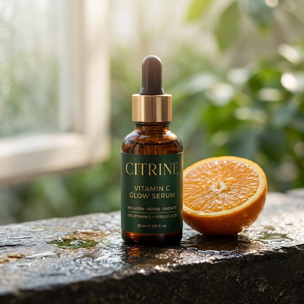 An amber dropper bottle with a green Citrine label stands on a wet stone ledge next to a halved orange in soft window light.
