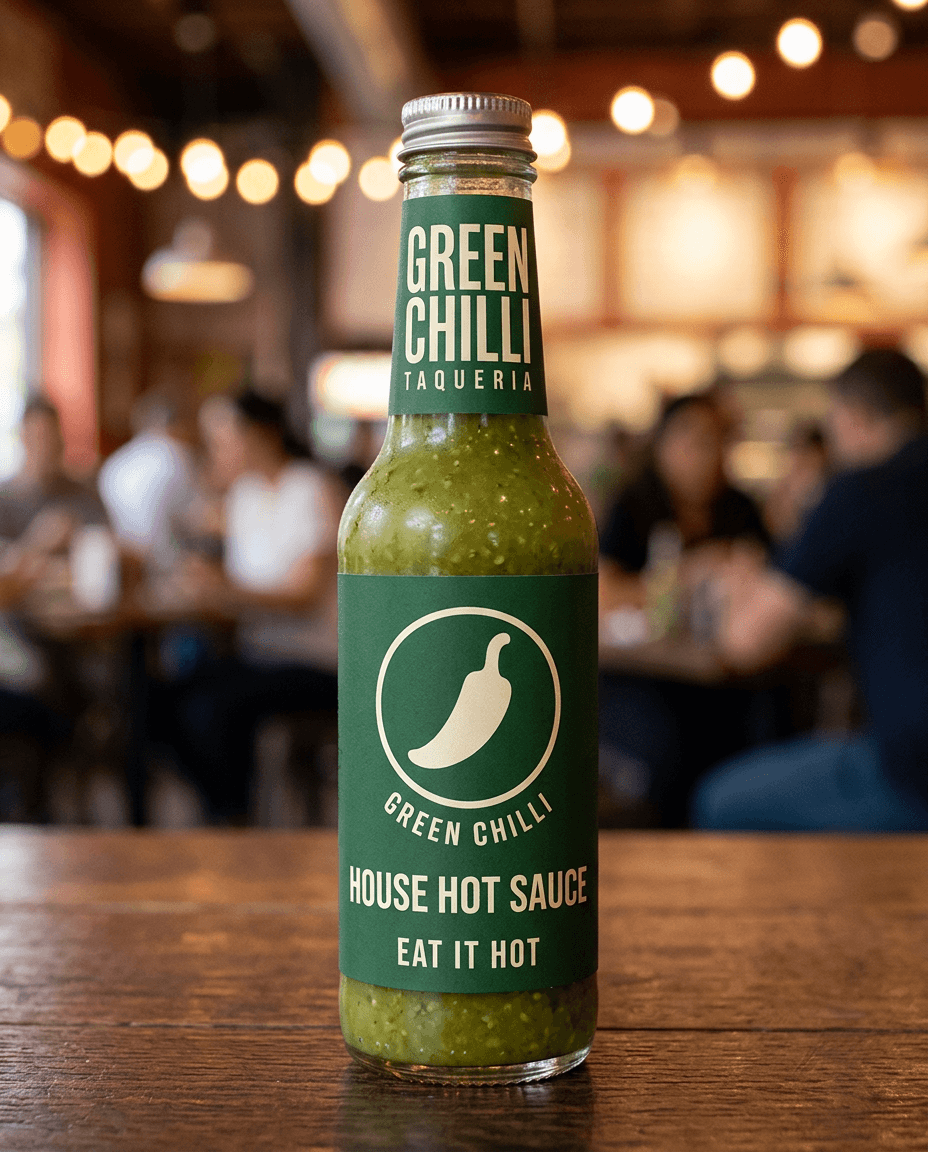 A bottle of the house hot sauce.