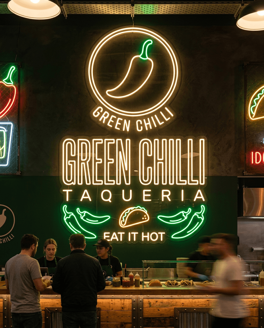 A neon sign for the taqueria, mounted above the counter.