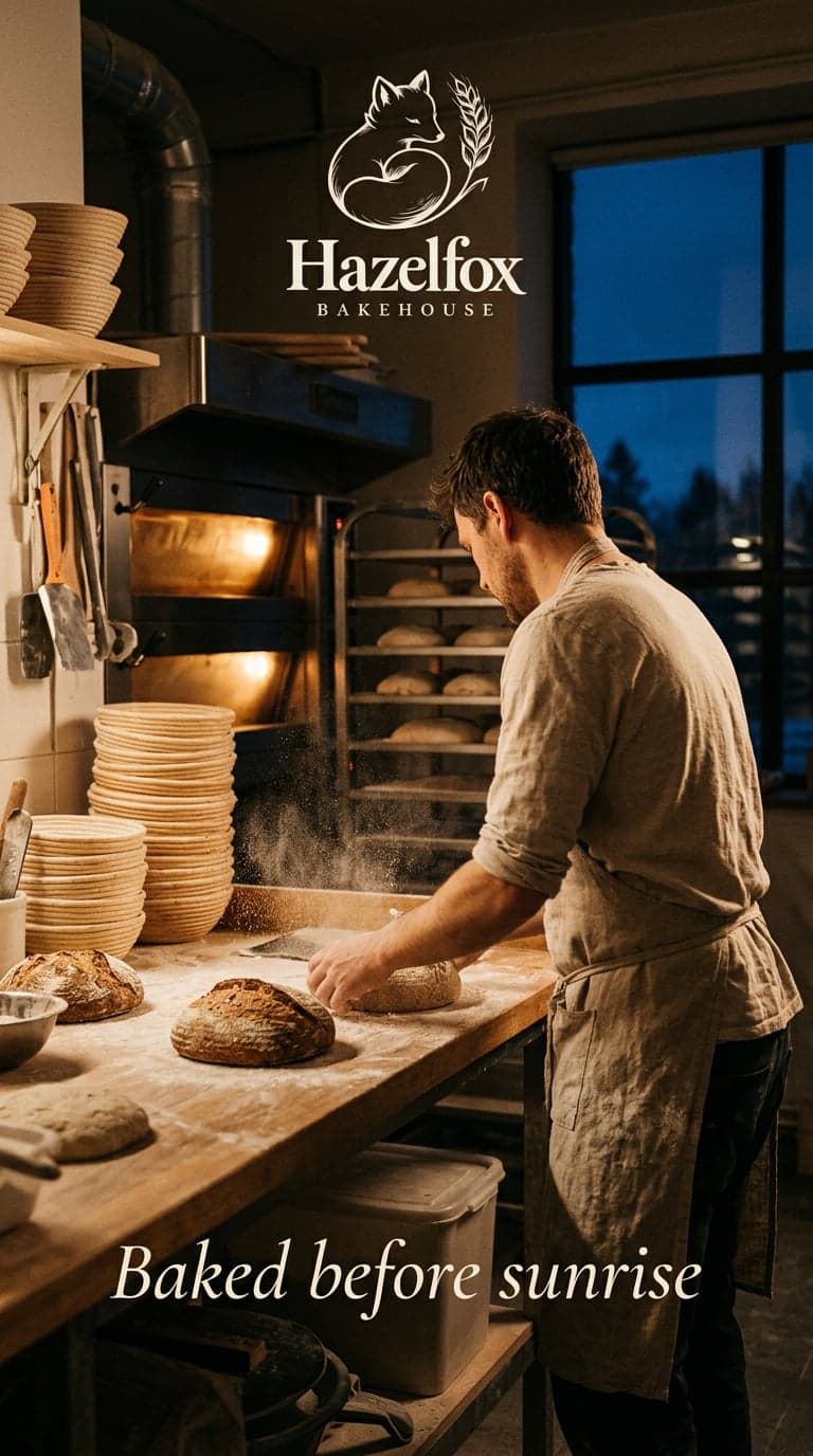 A baker in a linen apron shapes bread dough on a floury bench beside a glowing oven, with a dark blue pre-dawn window and the text Baked before sunrise.