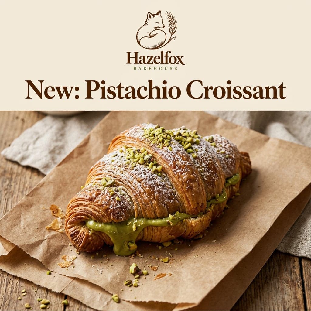 A pistachio croissant with green cream filling and crushed pistachios on kraft paper, under a cream banner with a fox logo and the headline New: Pistachio Croissant.