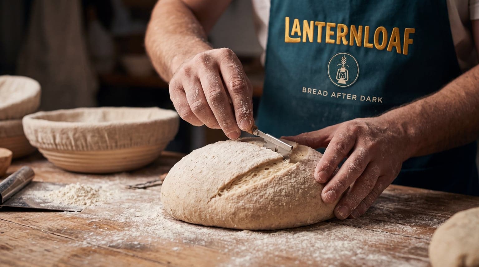 Close-up of a baker in a teal apron with a lantern and wheat badge, scoring a round floury dough loaf with a blade on a wooden counter next to a cloth-lined proving basket.