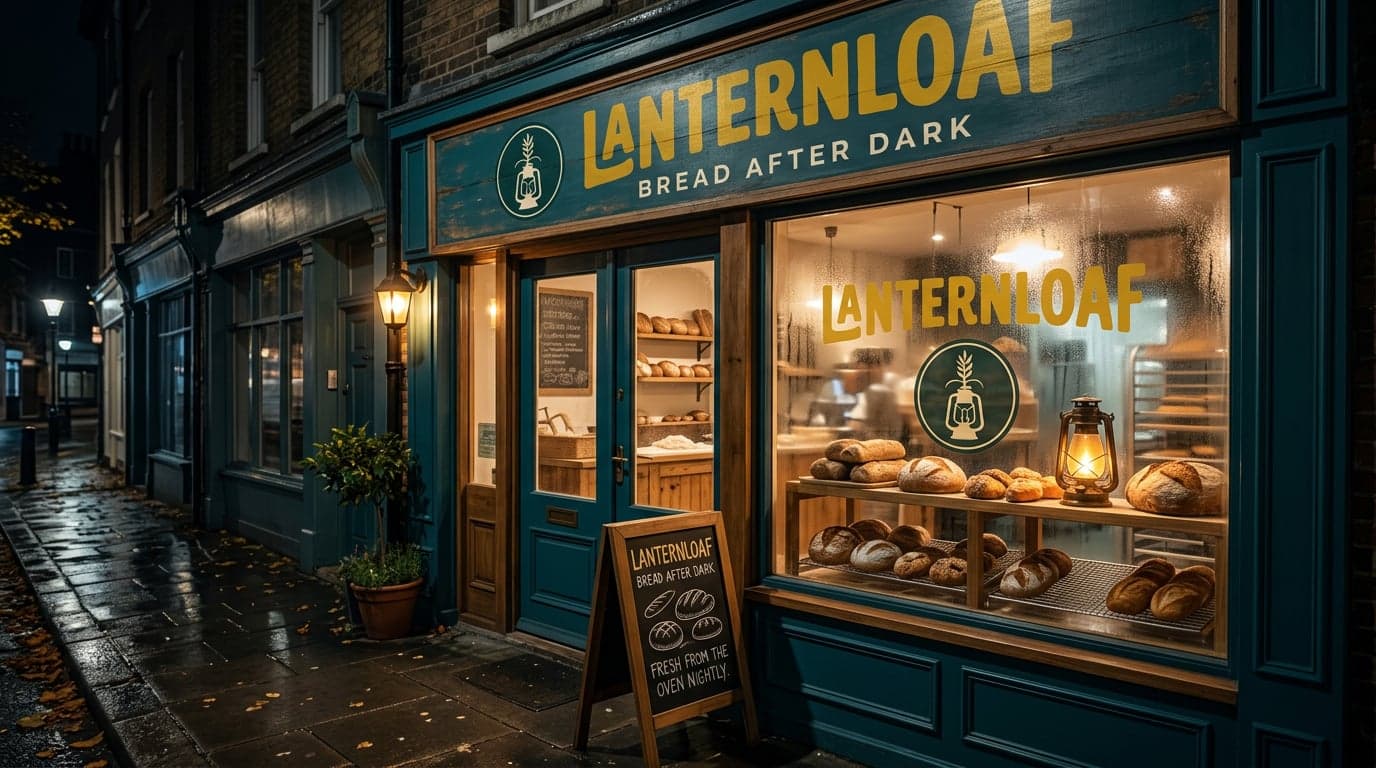 A teal bakery shopfront at night with a Lanternloaf sign, a glowing lantern and loaves in the lit window, and a chalkboard sign on the wet pavement.