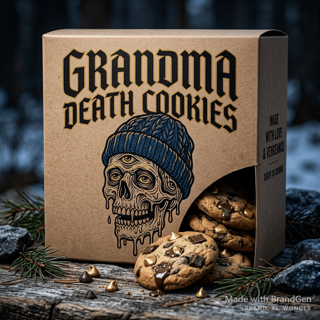 A grandma's homemade cookie brand packaging, cute melting skull wearing a knitted beanie as the brand mascot, gothic Blackletter typography reading 'GRANDMA DEATH COOKIES', gold and black on kraft paper box, chocolate chip cookies spilling out, punk meets wholesome aesthetic, product photography.