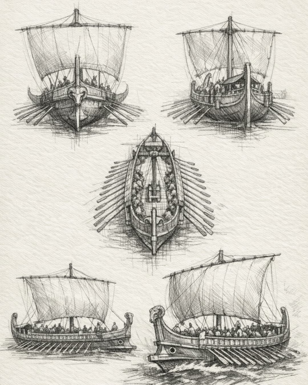 A hand-drawn graphite concept sheet of Odysseus ancient Greek ship, shown as a structured multi-view ship study on textured paper. Include five clearly different views in one composition: front bow view, rear stern view, top-down deck view, full side profile, and 3/4 perspective hero view. Each ship drawing should be clearly separated and accurately different, arranged like a real human-made sketchbook study with balanced spacing and clean composition. Show detailed hull shape, sail, mast, oars, deck structure, and crew placement. Monochrome pencil sketch, rough human-made strokes, visible construction lines, cross-hatching, natural graphite shading, premium concept art feel. Do not add any text, title, letters, labels, captions, or logos anywhere in the image.