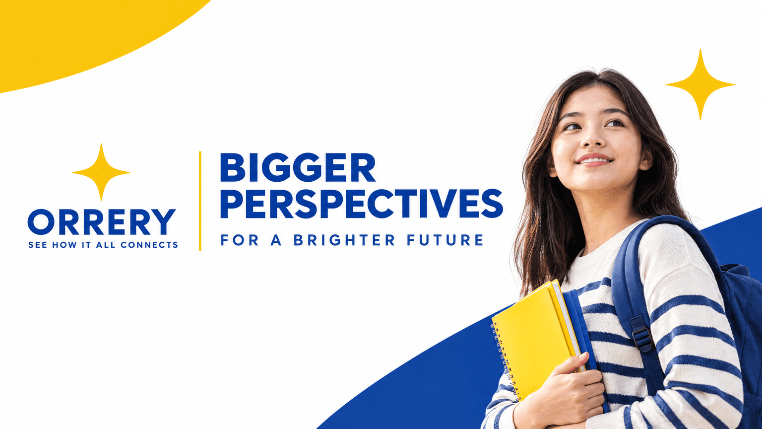 A wide brand banner with a student looking upward beside a bold two-line headline