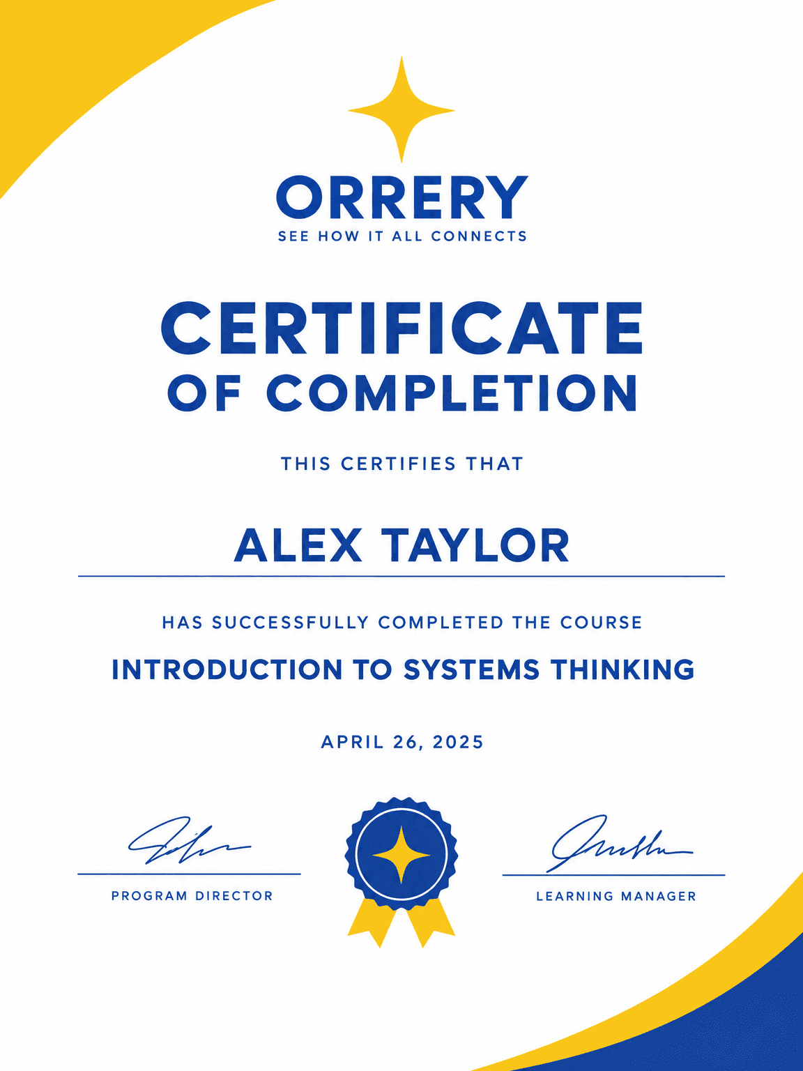 A printed certificate of completion laid out with the brand wordmark, a course name and two signatures