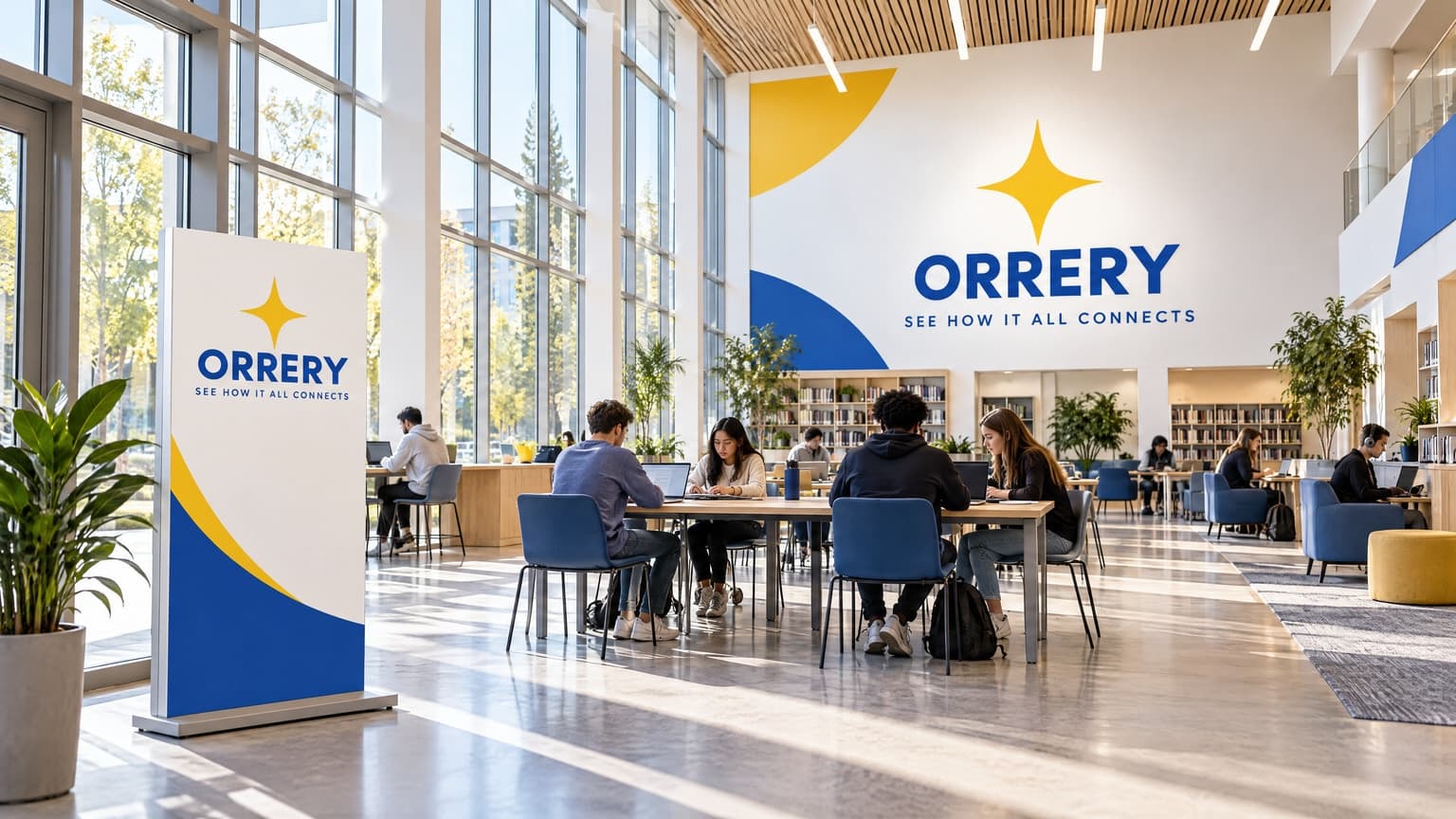 A sunlit university study commons with brand signage on the far wall