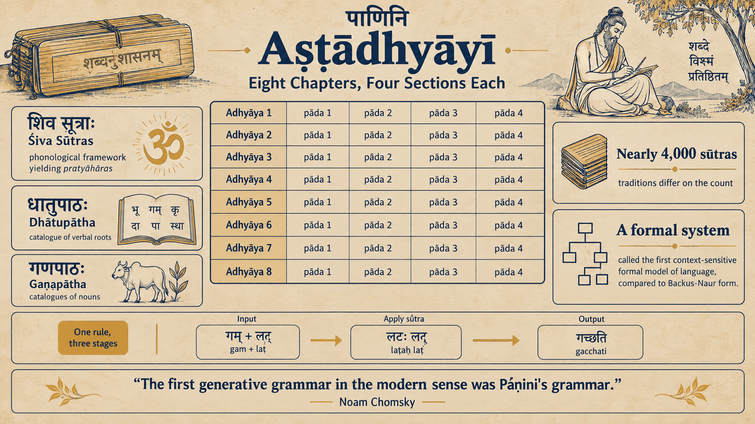 An academic poster on Panini's Ashtadhyayi with an eight by four chapter grid on parchment