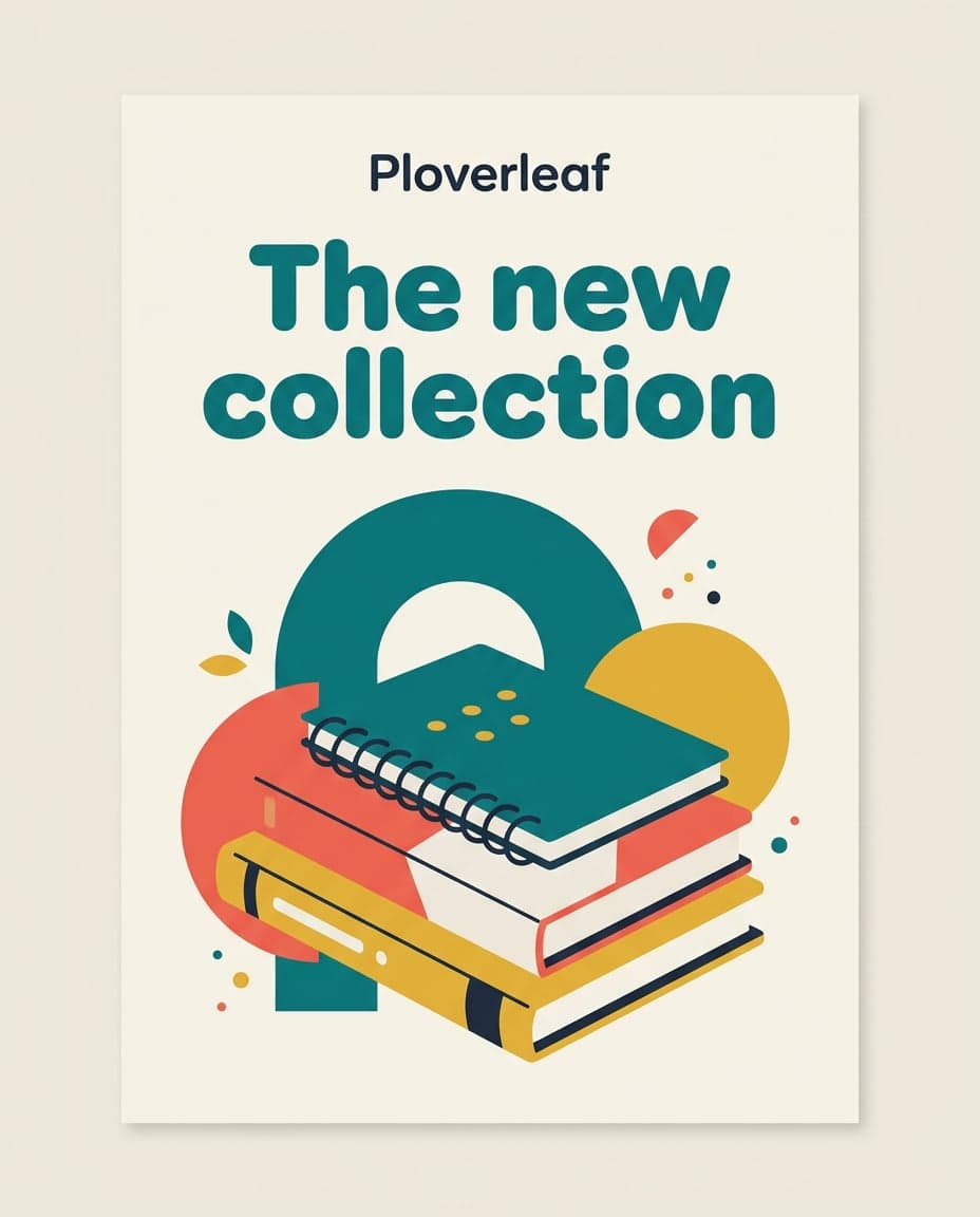 A cream poster with the Ploverleaf name and the headline The new collection above a flat illustration of a stack of notebooks and colourful geometric shapes.
