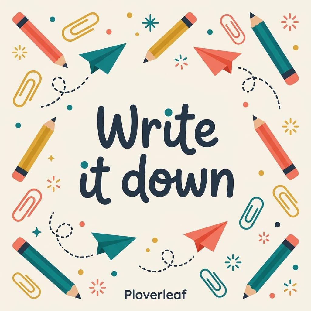 A flat illustration of colourful pencils, paper clips and paper planes around the hand-lettered words Write it down, with the Ploverleaf name at the bottom.