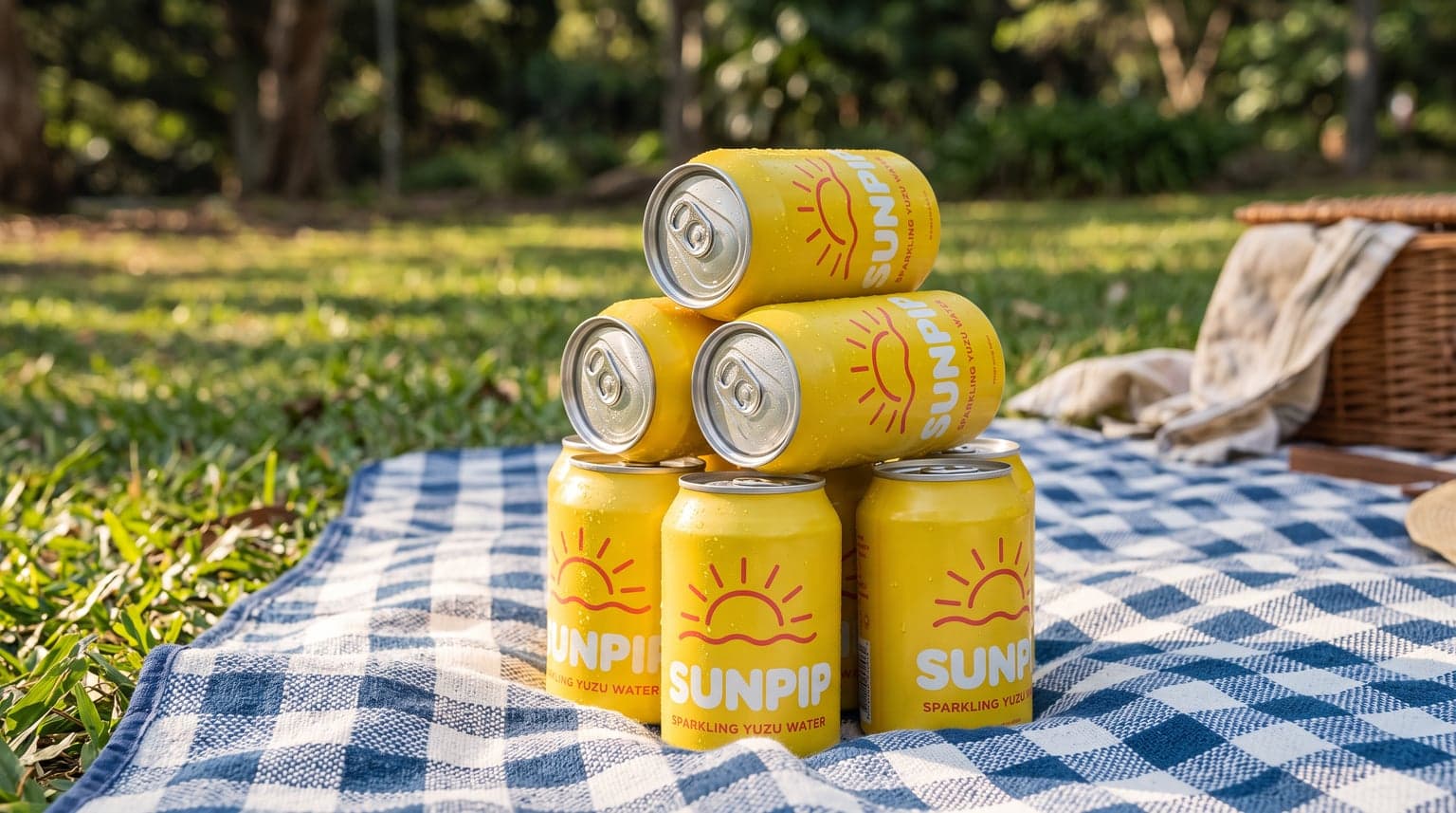 A pyramid of yellow Sunpip sparkling yuzu water cans stacked on a blue and white checked picnic blanket in a sunny park.