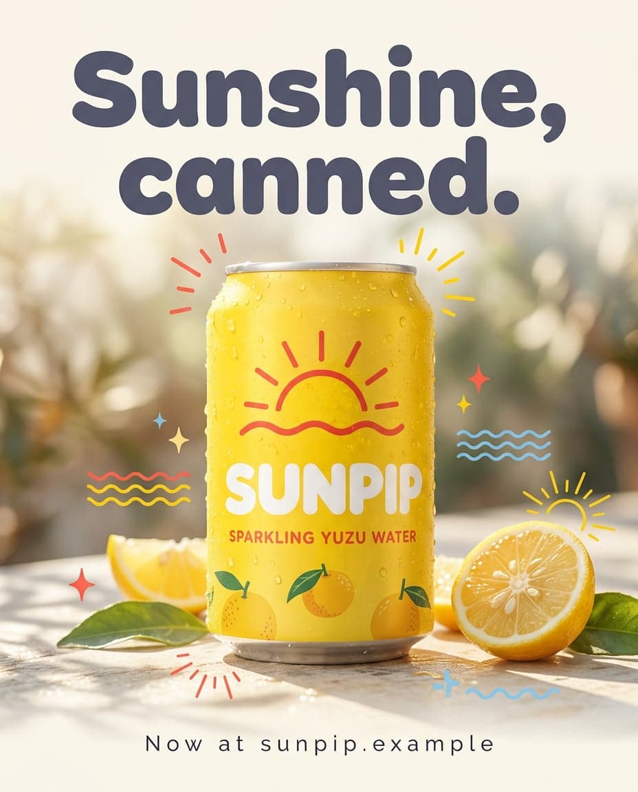 Poster of a yellow Sunpip sparkling yuzu water can on a sunny table with lemon halves, under the headline Sunshine, canned. and the line Now at sunpip.example.