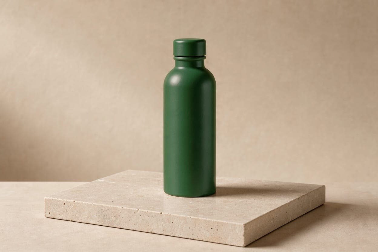 The same bottle recoloured deep forest green, with the plinth, shadow and backdrop unchanged