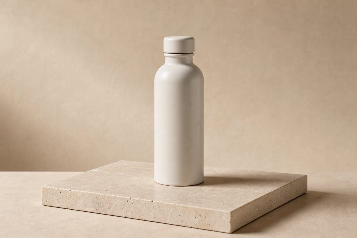A plain white ceramic water bottle on a pale stone plinth in soft window light