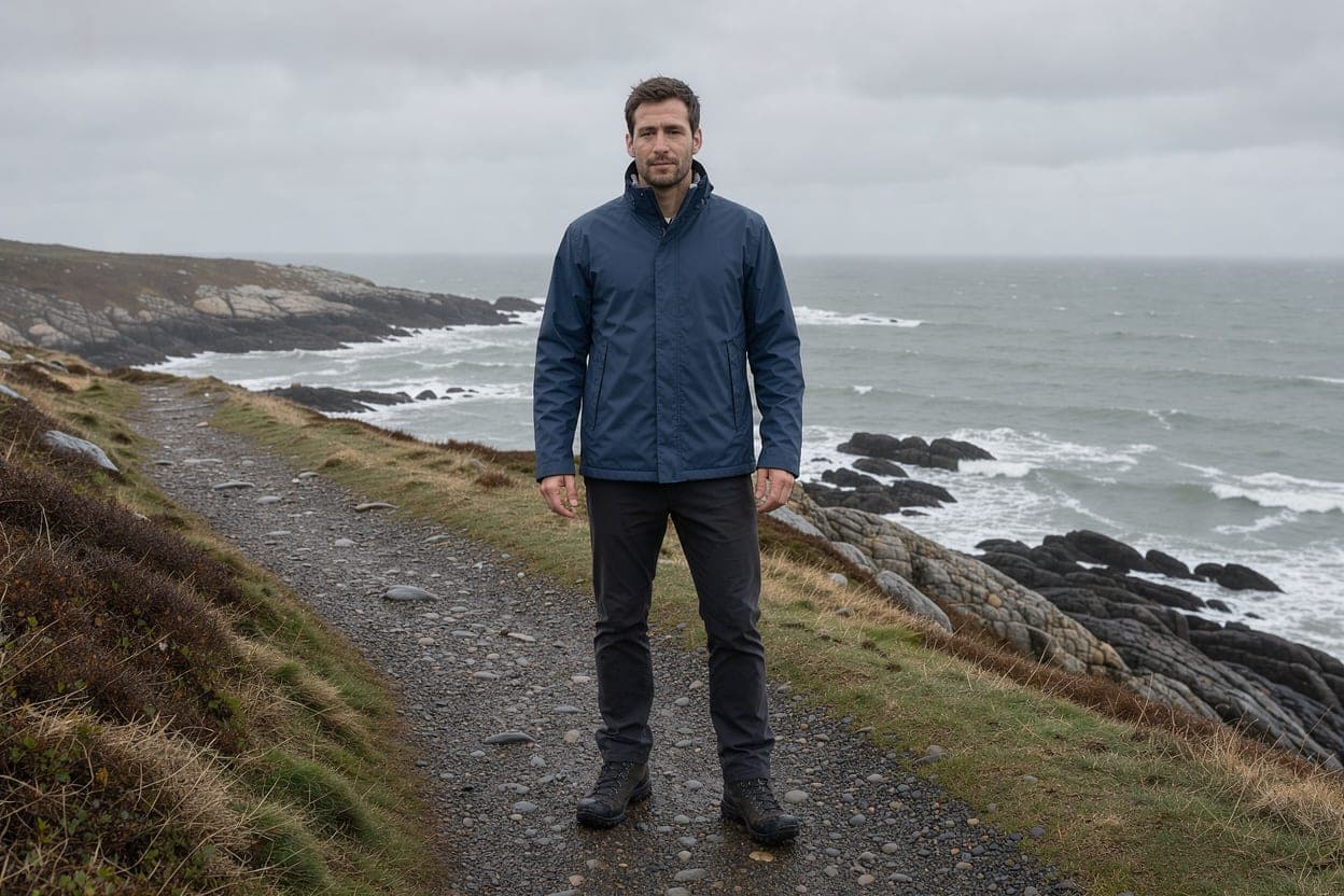 A person in a navy rain jacket standing on a rocky coastal path under an overcast sky
