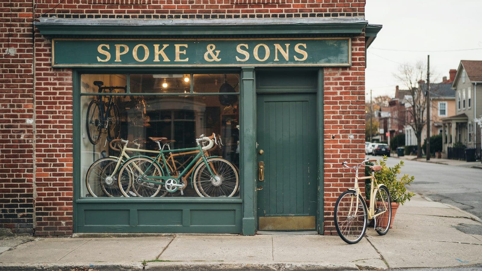 A red brick corner bicycle shop with green woodwork and a gold Spoke and Sons sign