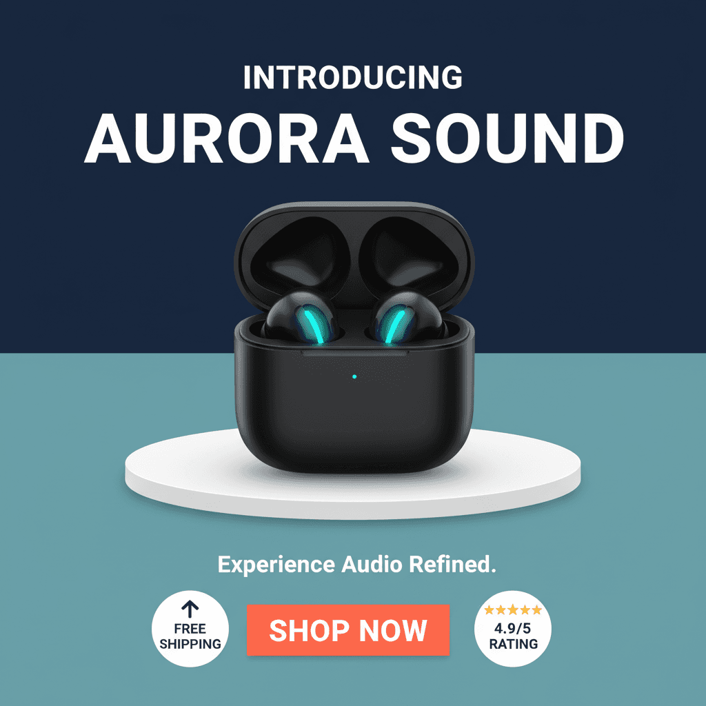Sound product launch hero visual, atmospheric gradient backdrop with northern-lights inspired color wash, sleek wireless speaker product shot front and center, minimal sans-serif headline, modern audio brand aesthetic.