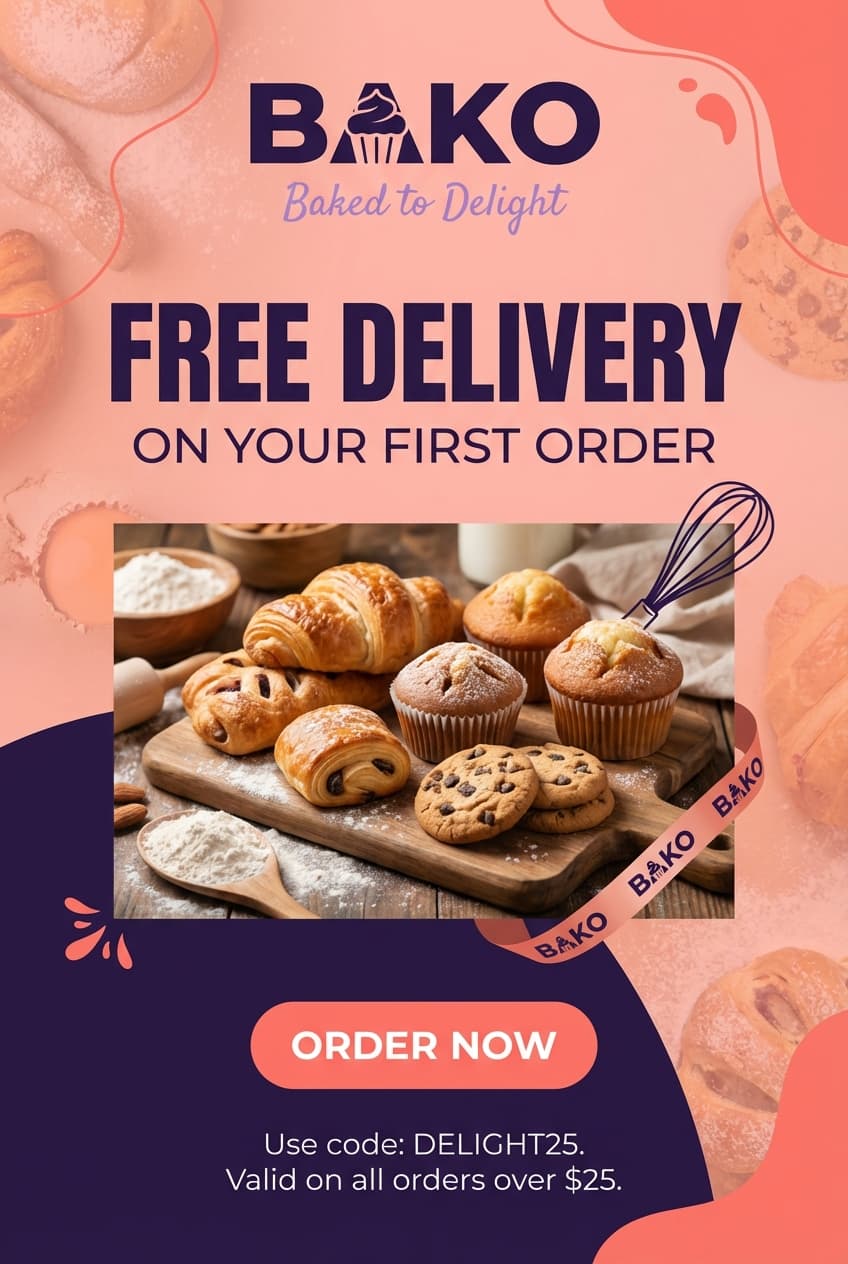 Create an Instagram Story promotion for a bakery offering free delivery on first order. Bold headline, appetizing layout, warm colors, strong 'Order Now' CTA.