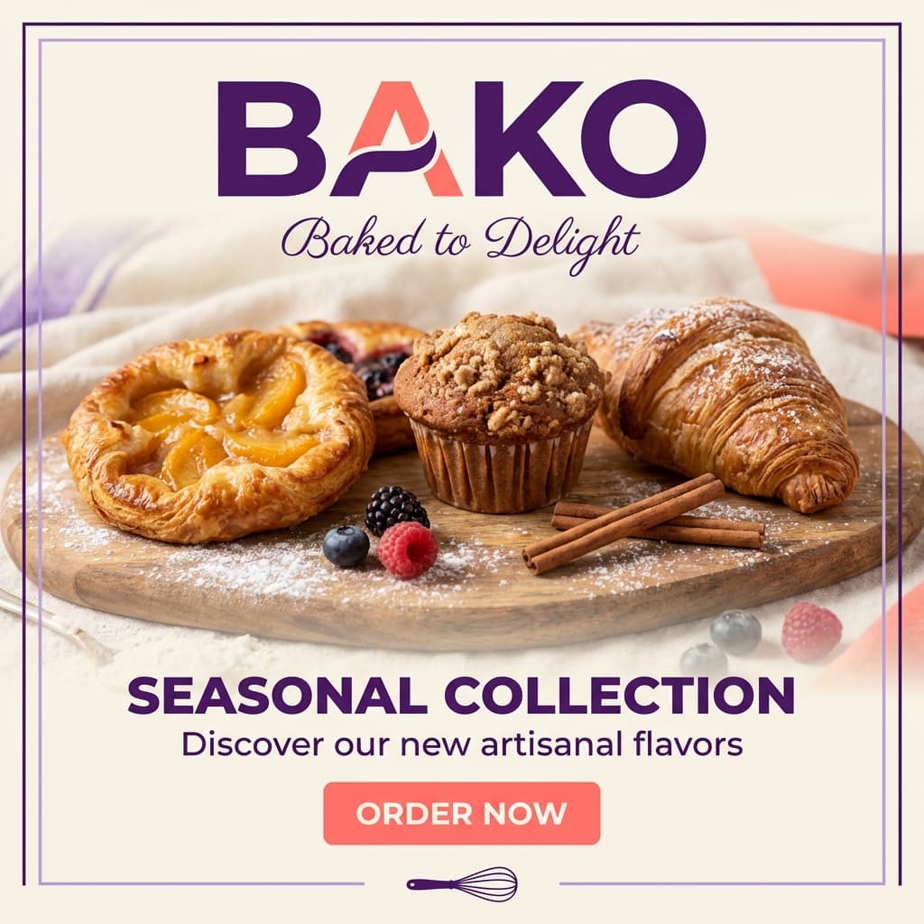 Create an Instagram post for a premium bakery brand announcing a new seasonal pastry collection. Bold headline, warm elegant colors, appetizing feel, 'Order Now' CTA.