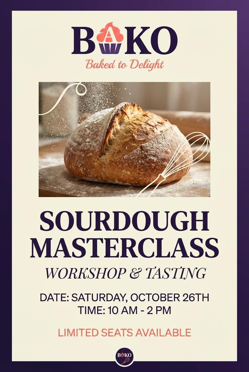 Bako sourdough masterclass event flyer, artisan bread close-up, rustic and authentic feel, clean white text on warm overlay, professional culinary branding