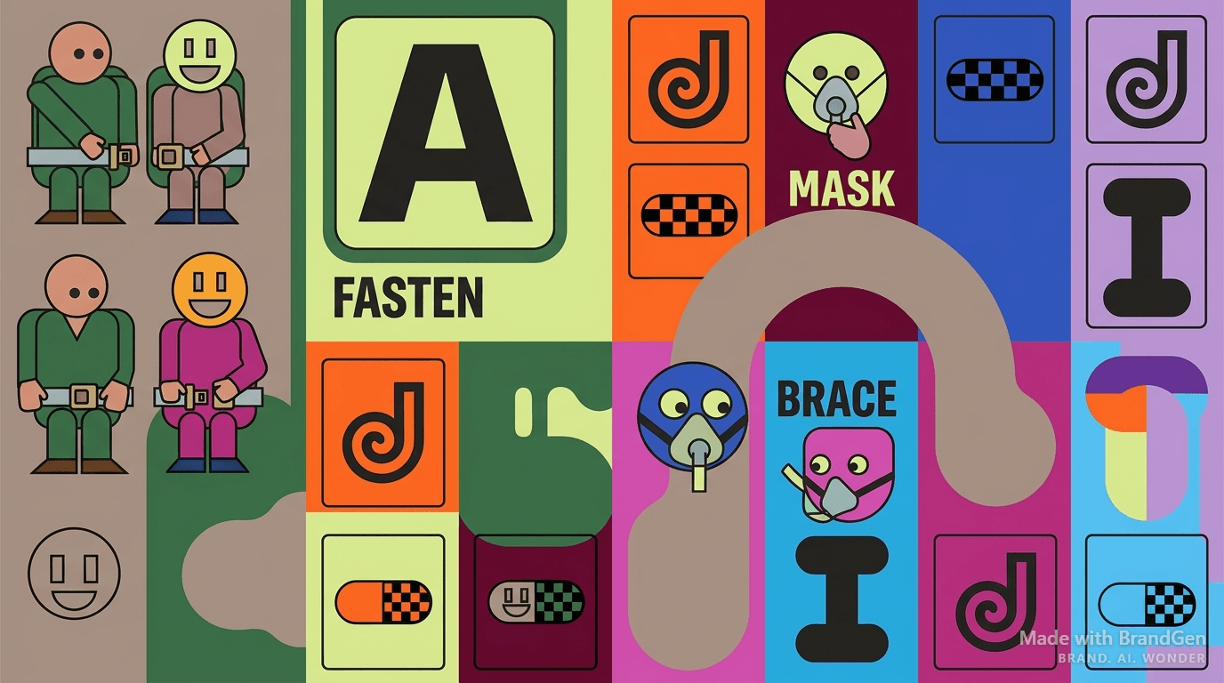 An airline safety instruction card redesigned with playful abstract geometric primitive characters as passengers, smiley face shapes demonstrating seatbelt and oxygen mask procedures, clean grid layout, bold condensed typography for instructions, vibrant saturated colors, flat illustration style