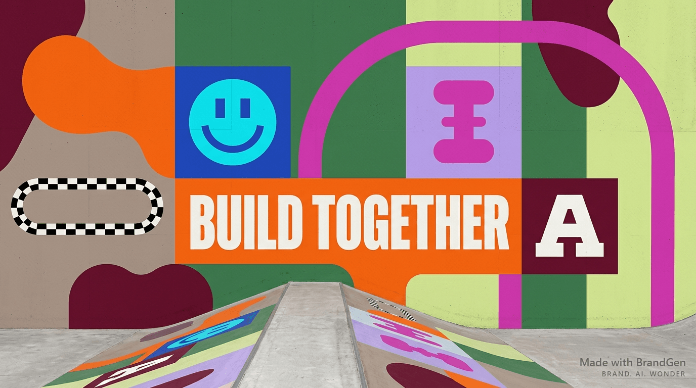 A large-scale outdoor mural painted on a concrete skate park wall, oversized abstract geometric primitives — blobs, smiley faces, interlocking shapes — in vibrant saturated spray paint colors, bold condensed text reading 'BUILD TOGETHER', wide angle photo showing the wall with ramp in foreground
