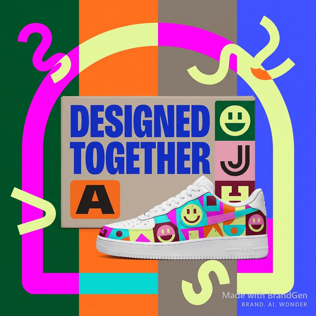 A limited edition sneaker box and shoe design collaboration, abstract geometric primitives and smiley face motifs as the shoe pattern, bold condensed typography on the box saying 'DESIGNED TOGETHER', vibrant saturated colors on white leather, product photography style, studio lighting
