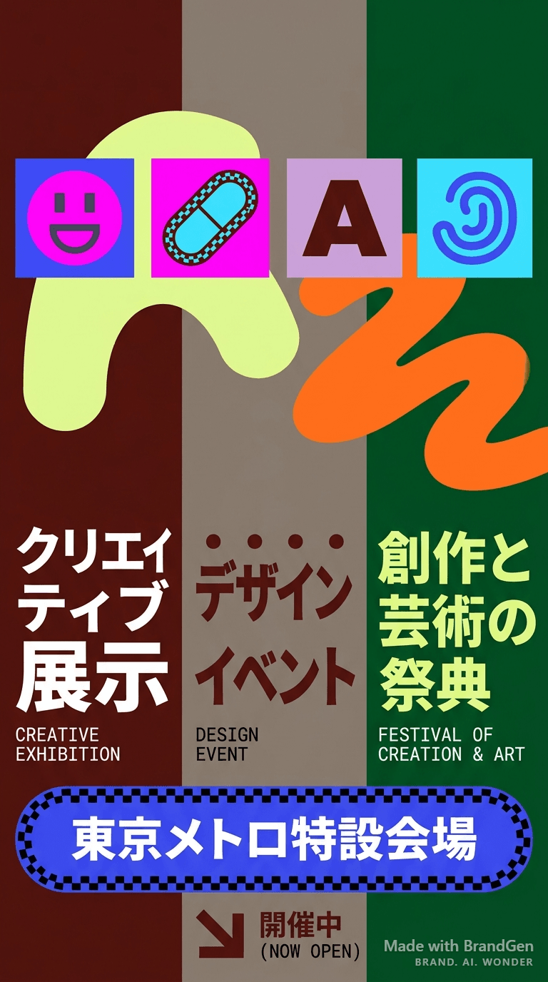 A Japanese metro station poster promoting a creative design event, bold condensed bilingual typography in English and Japanese characters, abstract geometric primitive shapes as wayfinding icons, clean grid layout, saturated color blocks on white background, minimal but vibrant