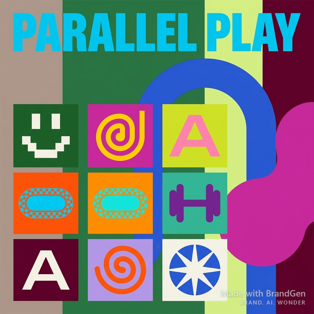 An indie electronic music album cover titled 'PARALLEL PLAY', abstract organic blobs and geometric primitives floating in space, bold condensed sans-serif title text, vibrant saturated color palette against deep dark background, minimal layout with strong visual impact