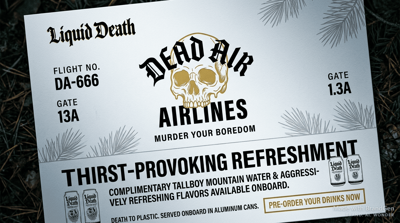 An airline boarding pass and ticket redesign, gold melting skull as the airline logo emblem, gothic Blackletter typography reading 'DEAD AIR AIRLINES', black and gold on white ticket stock, flight details and boarding gate information, premium punk travel branding, product flat lay photography.