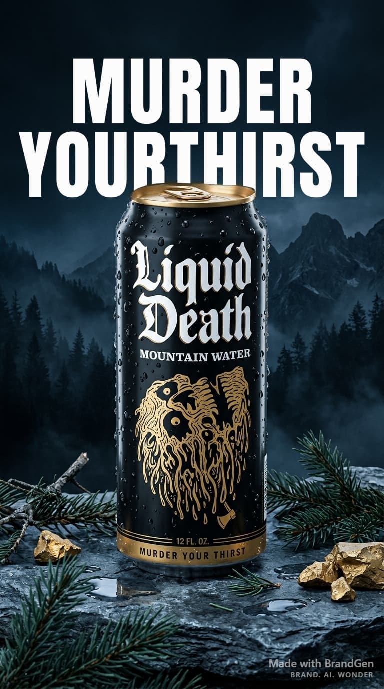 A premium product photography hero shot of a mountain water tallboy can, dramatic moody mountain landscape background at dusk, condensation water droplets on black aluminum, gold melting skull artwork on can, scattered gold nuggets and pine branches on wet stone surface, bold condensed typography headline at top, cinematic studio lighting with dark atmospheric fog, commercial beverage advertisement