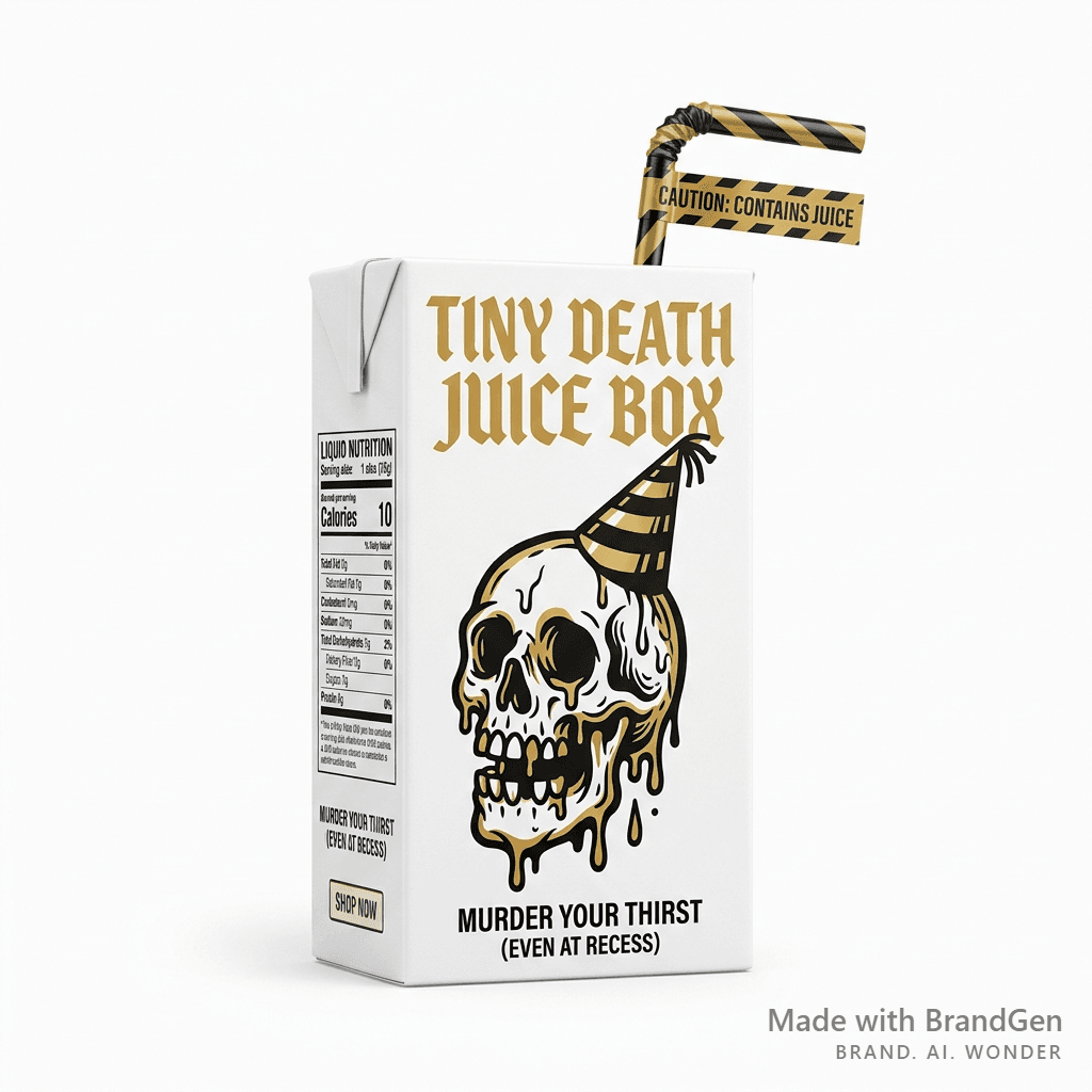 A children's juice box product packaging, friendly cartoon melting skull mascot wearing a party hat, bold gothic Blackletter typography reading 'TINY DEATH JUICE BOX', gold and black on bright white background, playful punk kids brand, product mockup with juice box and straw.