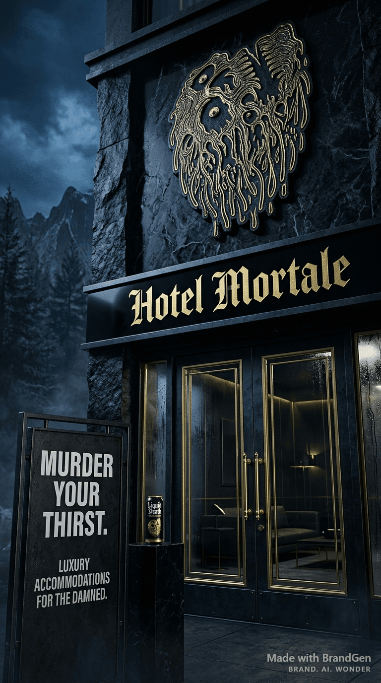 A five star luxury hotel entrance and lobby signage at night, ornate gold skull carved into dark marble above the door, gothic Blackletter typography reading 'HOTEL MORTALE' in gold leaf on black facade, moody dramatic lighting, luxury hospitality meets dark punk aesthetic, architectural photography.