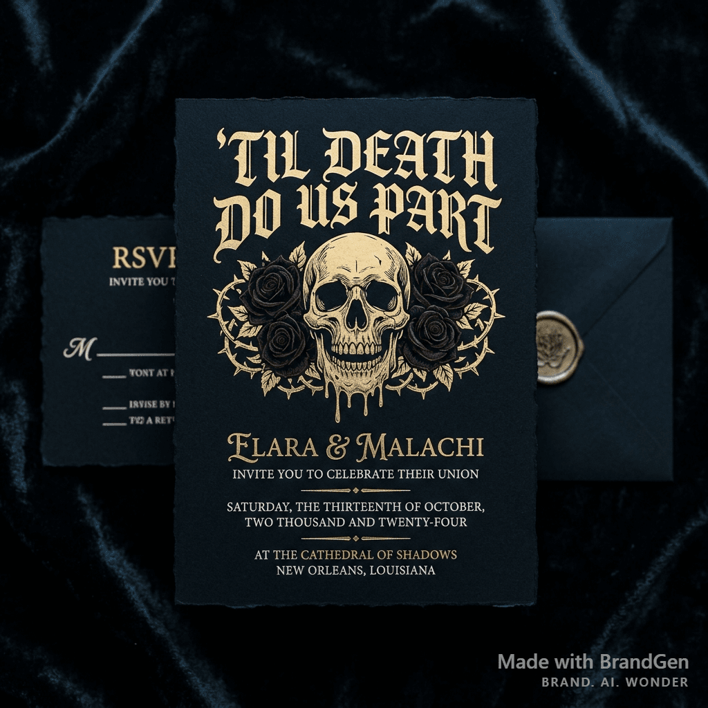 A luxury gothic wedding invitation on black cardstock, ornate Blackletter typography reading 'TIL DEATH DO US PART', gold foil melting skull motif surrounded by dark roses, cream and gold text for date and venue details, premium stationery photography on dark velvet background, gothic romantic aesthetic.