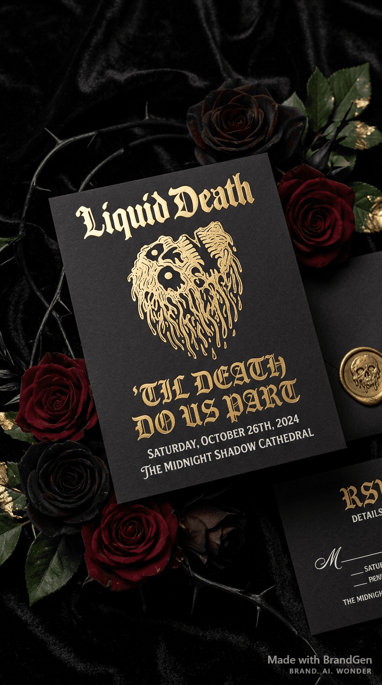 A luxury gothic wedding invitation on black cardstock, ornate Blackletter typography reading 'TIL DEATH DO US PART', gold foil melting skull motif surrounded by dark roses, cream and gold text for date and venue details, premium stationery photography on dark velvet background, gothic romantic aesthetic.