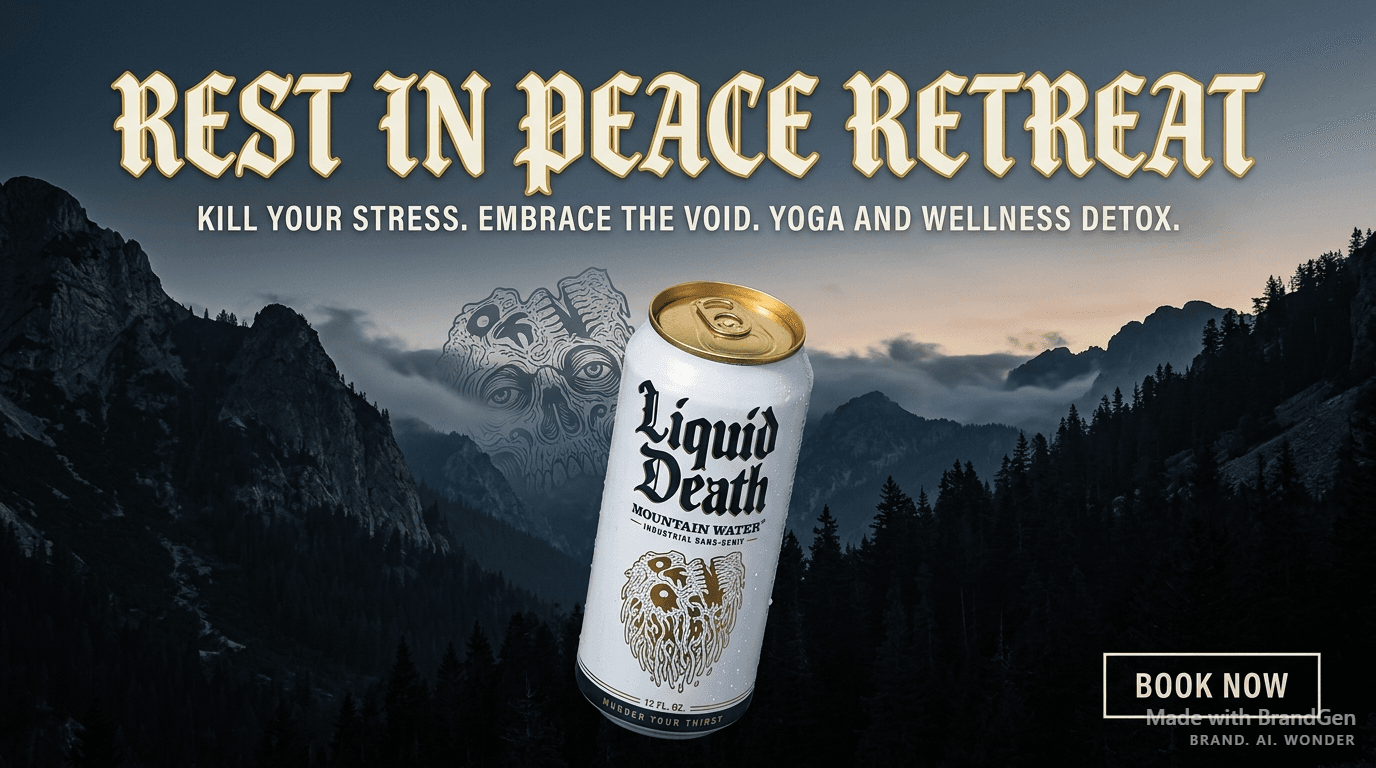 A serene yoga and wellness retreat promotional poster, peaceful mountain sunrise landscape, subtle melting skull formation hidden in the clouds, bold gothic Blackletter typography reading 'REST IN PEACE RETREAT', gold and black text, ironic contrast of aggressive branding with calm wellness imagery.