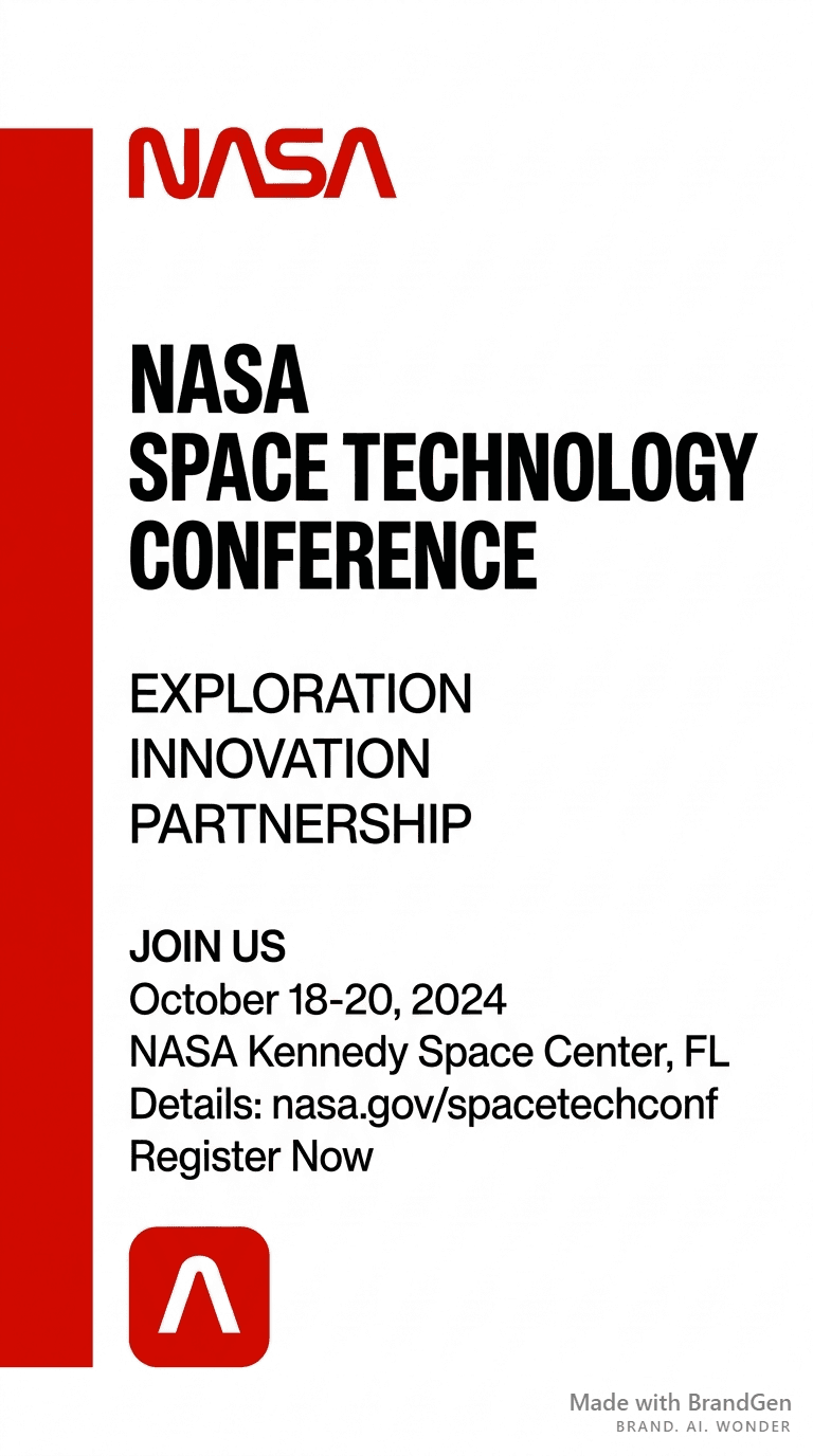 NASA event invitation card for a space technology conference. Clean white background, NASA logo, red accent bar, 'NHG' typography hierarchy. Professional, institutional feel.
