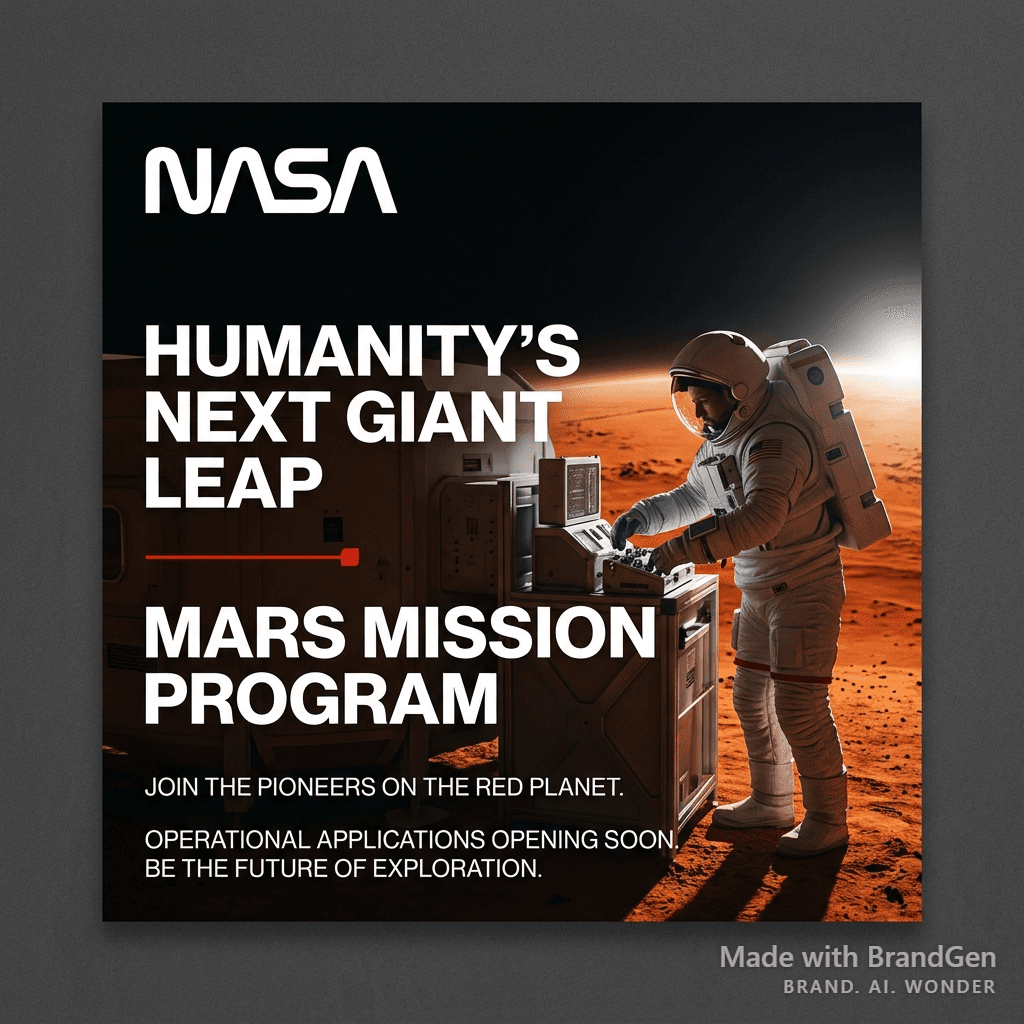 NASA recruitment poster for Mars mission program. Use the exact NASA red, white, and blue color palette. Bold 'NHG' style typography. Space photography background with clean text overlay. Inspirational tone.